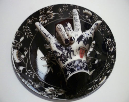 Kiss Painted Porcelain Plate And Hand Sculpture