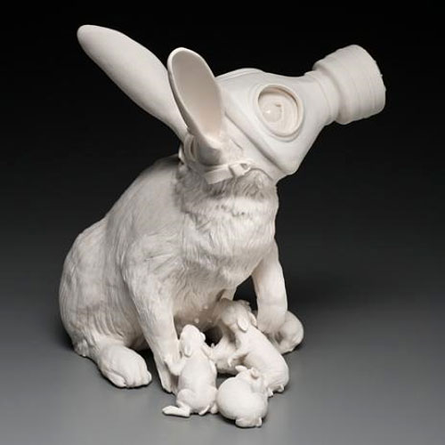 Gas Mask Rabbit Porcelain Sculpture