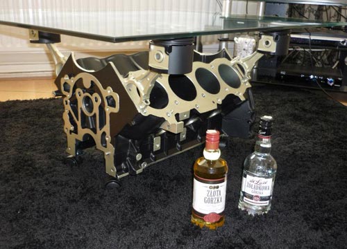 V8 Engine Coffee Table With Cylinders As A Bottle Rack
