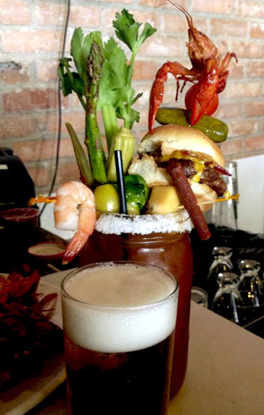 Bloody Mary Topped With Whole Crawfish And Bacon Cheeseburger