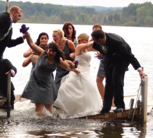 Wedding Party Photo As Dock Sinks
